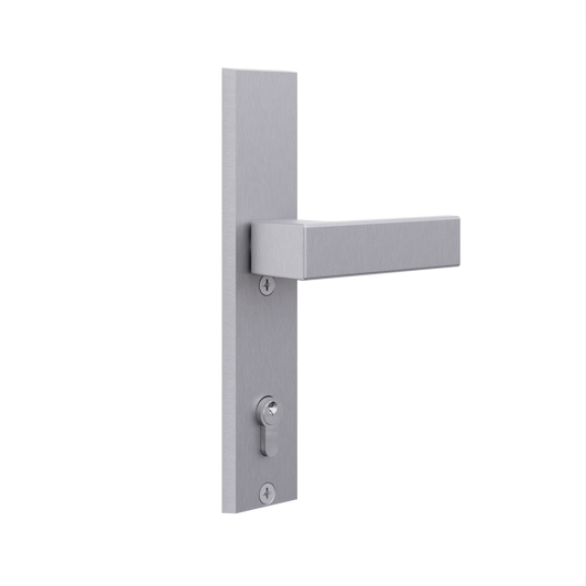 Drücker aus Edelstahl innen und außen, eckig. Standardrosette inkl. Profilzylinder mit 5 Schlüssel