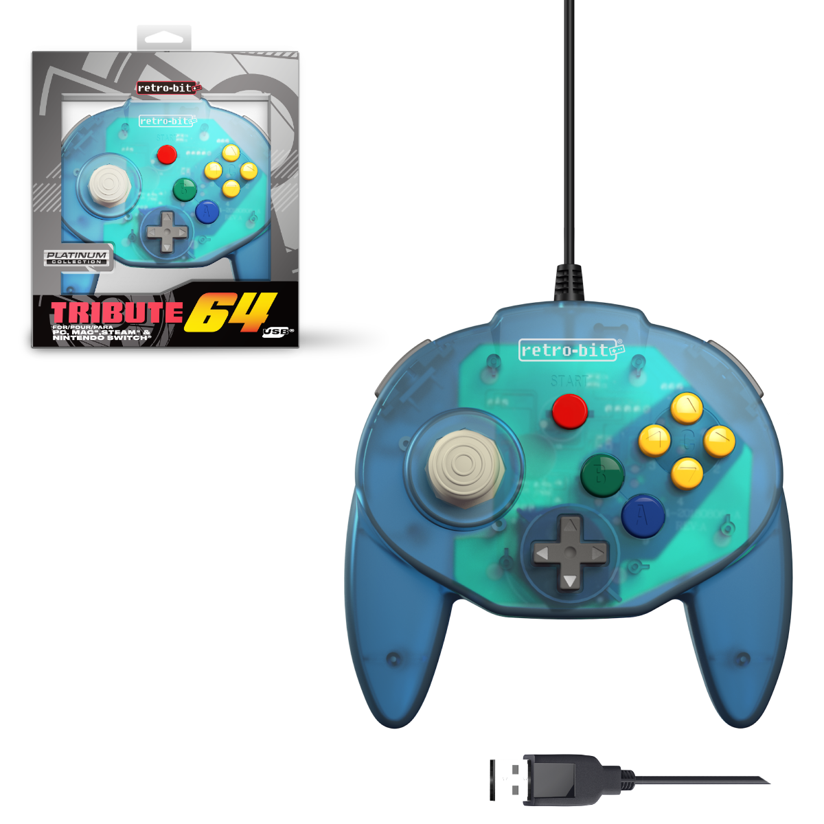 Retro-Bit Tribute 64 Wired USB Controller (Ocean Blue)