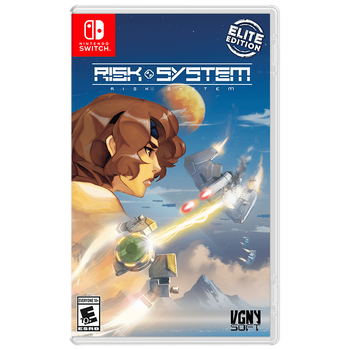 Risk System Elite Edition cover shot. Profile of a woman on top left side. 2 ships fighting. Logo in white, Background sky with a planet on the top center, water in the bottom.