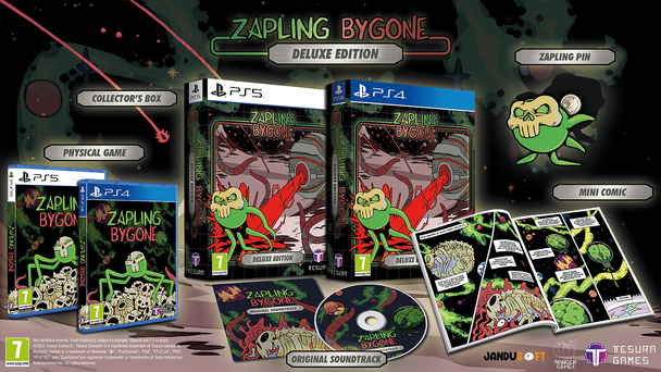 image of  Zapling Bygon DeLuxe Edition Physical Game, Original Soundtrack, Zapling Pin, Mini Cómics and Collector’s Box