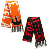 Image of the two different side of the Reversible Star Wars Rebel Imperial Jacquard Scarf. One side for Rebellion supporters Orange with white writing and black logo, the other side for Empire supporter with black with red writing and red logo.