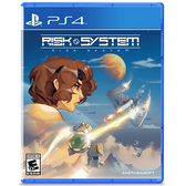 Risk System PlayStation 4 cover shot. Profile face of a woman, 2 ships fighting water . sky and a planet. Logo in white.