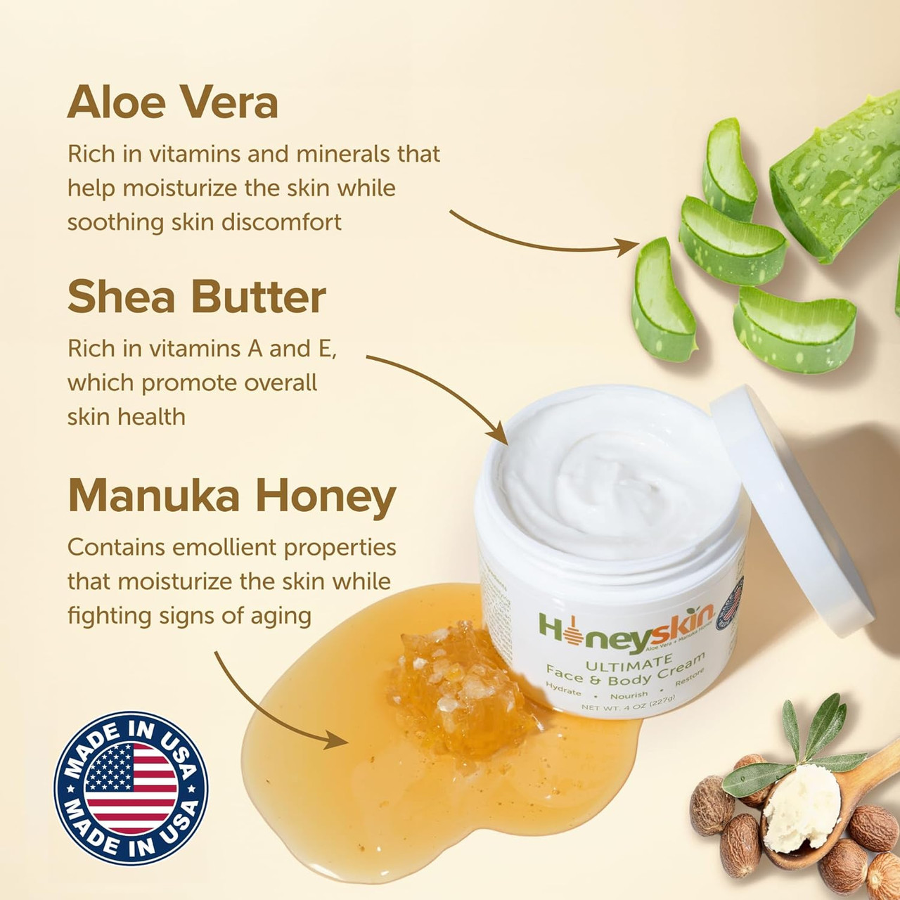 Honeyさま専用 HoneySkin Ultimate Face & Body Cream, Aloe Vera + Manuka