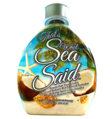 Front view of That’s What Sea Said dark tanning lotion bottle with a tropical ocean beach and sea shell design.