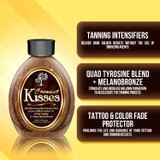 Promotional display of Ed Hardy Coconut Kisses bottle alongside product feature labels on a golden background.