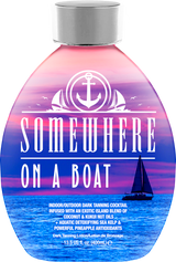 Front view of Devoted Creations Somewhere on a Boat tanning lotion bottle with a purple and blue nautical sunset design.