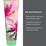 Side-by-side view of Bath and Body Works body lotion tube next to its dark textured product description card.
