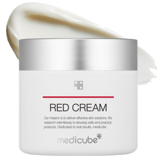 Red jar of Medicube Red Cream 2.0 on white backdrop.