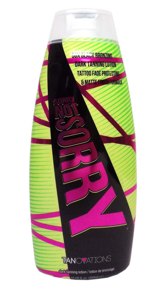 Front view of Ed Hardy Sorry Not Sorry 50X Black Bronzing dark tanning lotion bottle with vibrant neon pink and green design.