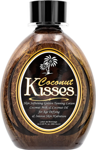 Front view of Ed Hardy Coconut Kisses Golden Tanning Lotion bottle with golden and brown tropical design.