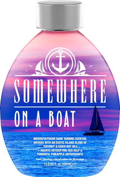 Front view of Devoted Creations Somewhere on a Boat tanning lotion bottle with a purple and blue nautical sunset design.