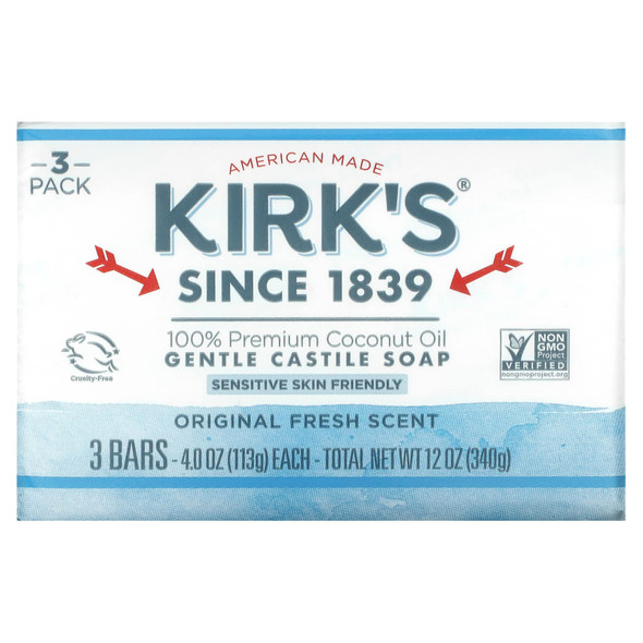 Kirk's Gentle Castile Soap Original Fresh Scent 3 Bars 4 oz Each