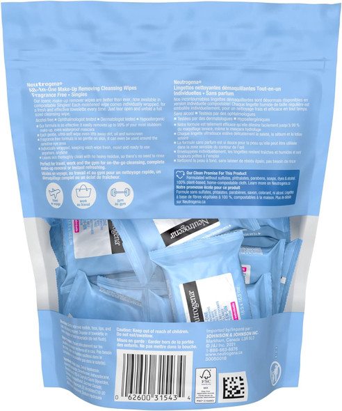 Back of Neutrogena Fragrance-Free Makeup Remover Cleansing Wipes 20 Count