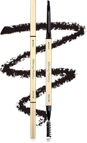 Gen'C Béauty Smooth Retractable Eyebrow Pencil in #01 Black, with the triangular tip, spoolie and a sample stroke