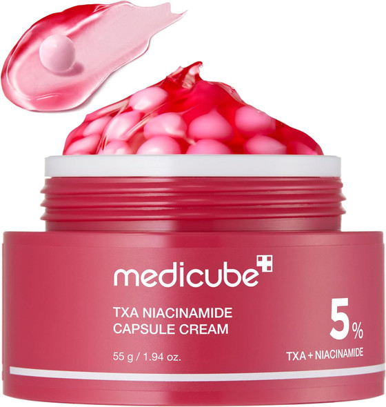 Medicube TXA+Niacinamide Capsule Cream jar with red capsule and cream
