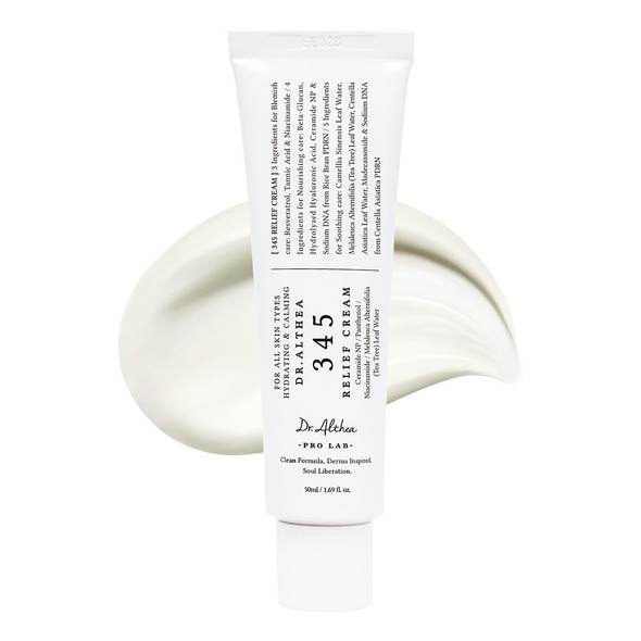 Dr.Althea 345 Relief Cream jar with cream texture, highlighting soothing skincare benefits.