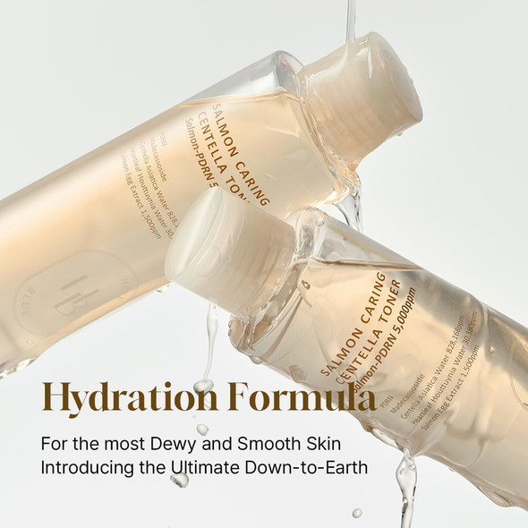 Toner with salmon extract and hyaluronic acid highlighted in background.