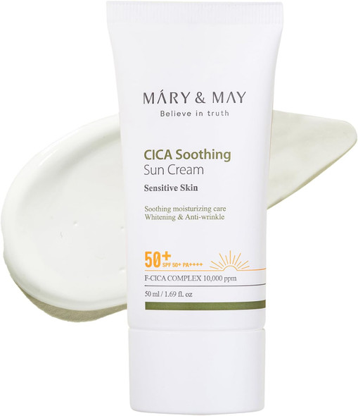Mary&May CICA Soothing Sun Cream tube with SPF 50+ displayed.