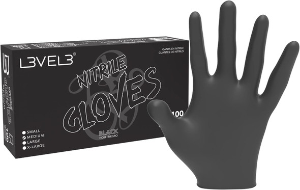 L3VEL3 black nitrile gloves in large size, 100 pieces, latex-free for professional use.