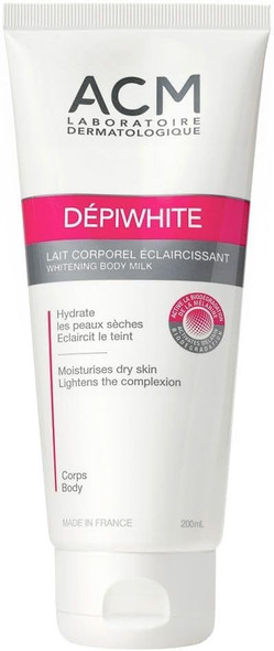 ACM Depiwhite Body Milk in a sleek 200 ml bottle, perfect for daily brightening and hydration.