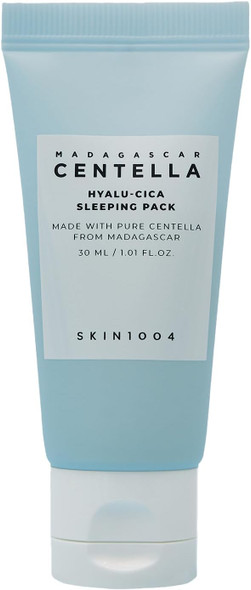 Close-up of SKIN1004 Hyalu-Cica Sleeping Pack jar with gel texture visible.