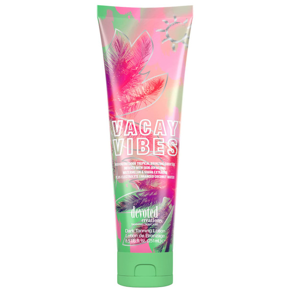 Front view of Bath and Body Works Vacay Vibes body lotion tube with pink floral and palm tree design.