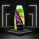 Ed Hardy Sorry Not Sorry 10 oz tanning lotion bottle displayed on a sleek platform against a dark, neon-accented background.