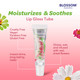 Moisturizes & Soothes lip gloss tube, glossy, wet and infused with real, dried flowers