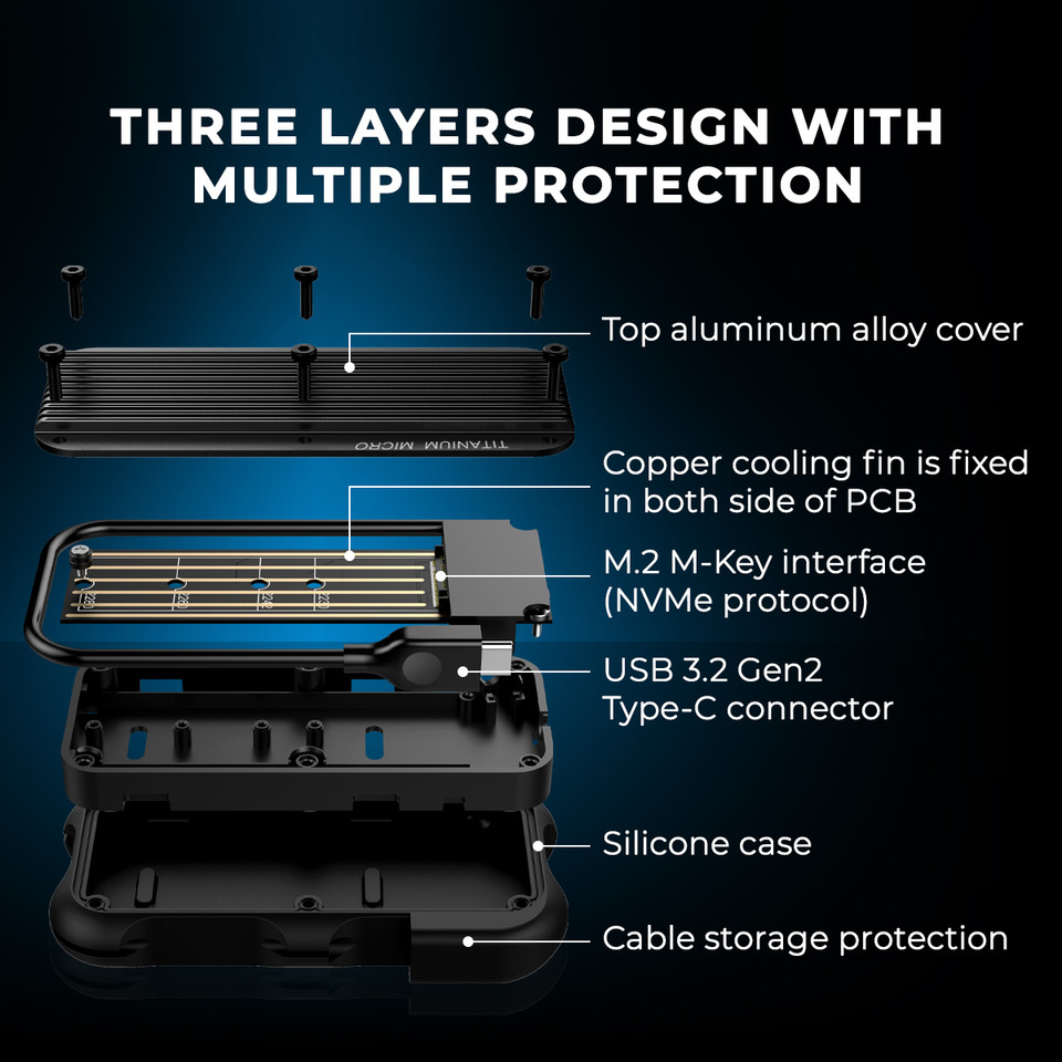 The Titanium Micro Mercury External SSD showcases a sleek design with cable storage, protective silicone case, and a top aluminum alloy cover for added style and durability