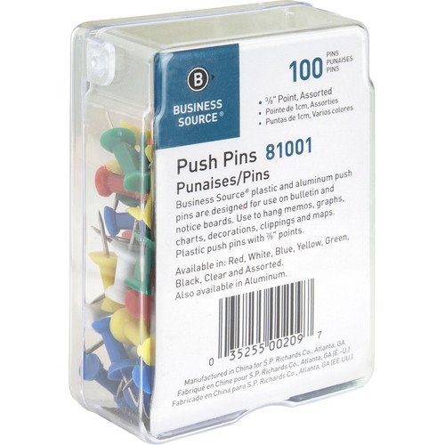 Business Source 1/2" Head Push Pins - 0.50" Head - 100 / Box - Assorted (BSN81001)