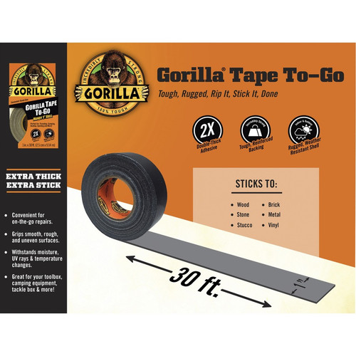 Gorilla Tape To-Go - 10 yd Length x 1" Width - 1 Each - Black (GOR6100109)