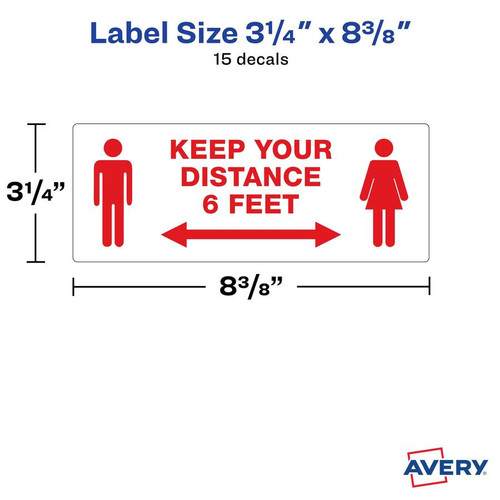 Avery Surface Safe KEEP YOUR DISTANCE Decals - 15 / Pack - Keep Your Distance Print/Message - (AVE83079)