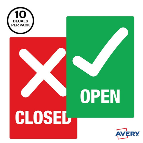 Avery Surface Safe OPEN/CLOSED Table/Chair Decals - 10 - Open/Closed Print/Message - 4" Width (AVE83070)