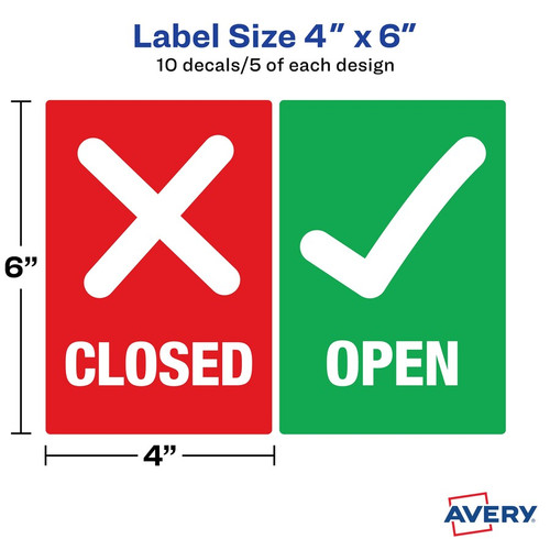 Avery Surface Safe OPEN/CLOSED Table/Chair Decals - 10 - Open/Closed Print/Message - 4" Width (AVE83070)