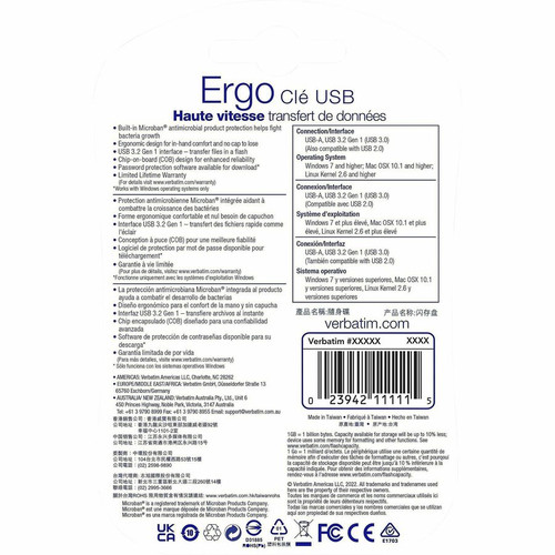 Verbatim 128GB Ergo USB 3.0 Flash Drive - Blue - The Verbatim Ergo USB drive features an ergonomic (VER70880)