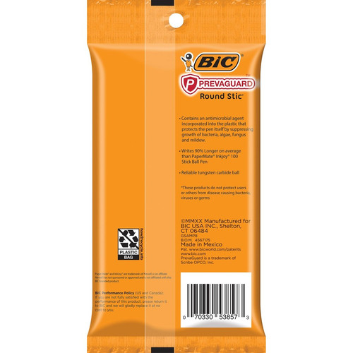 BIC PrevaGuard Round Stic Ballpoint Pen - Round Pen Point Style - Black - 8 / Pack (BICGSAMP81BK)