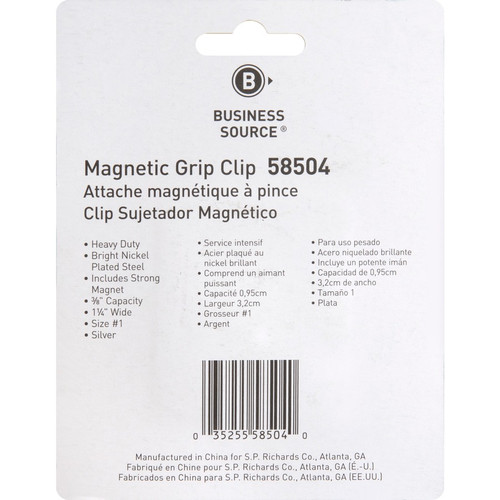 Business Source Magnetic Grip Clips - No. 1 - 1.3" Width - for Paper - Magnetic Backing, Heavy Duty (BSN58504)