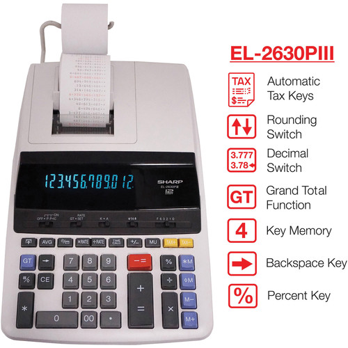 Sharp EL-2630PIII 12 Digit Commercial Printing Calculator - 4.8 LPS - Clock, Calendar, Item Count, (SHREL2630PIII)