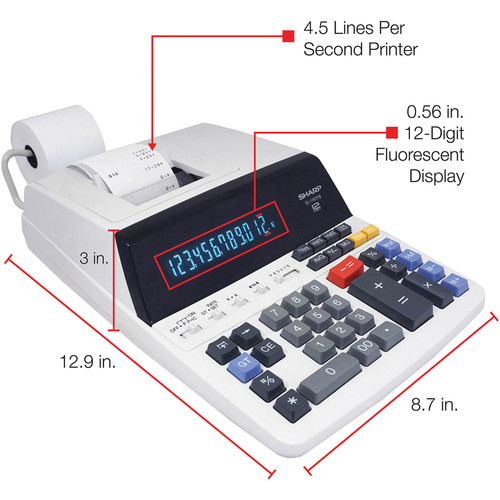 Sharp EL-1197PIII 12 Digit Commercial Printing Calculator - Dual Color Print - 4.3 lps - Calendar, (SHREL1197PIII)