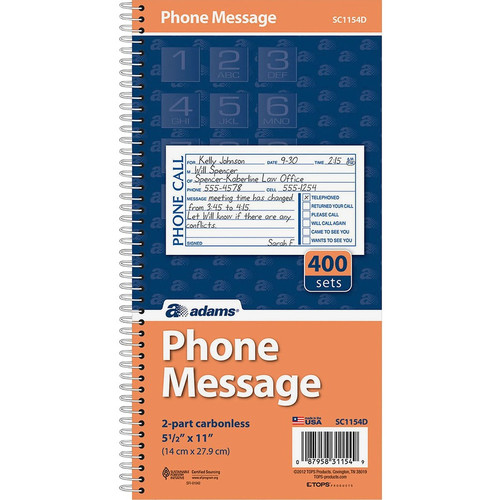 Adams Spiral Bound Phone Message Books - 400 Sheet(s) - Spiral Bound - 2 Part - 5.25" x 11" Sheet - (ABFSC1154D)