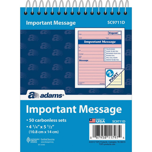 Adams Spiral-bound Phone Message Booklet - 50 Sheet(s) - Spiral Bound - 4" x 5.50" Sheet Size - 1 (ABFSC9711D)
