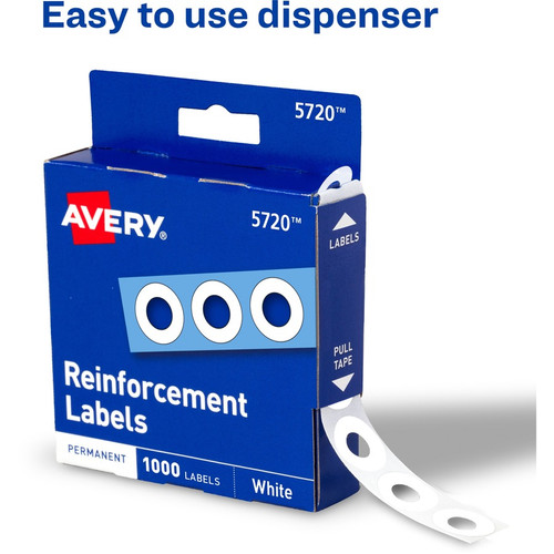 Avery White Self-Adhesive Reinforcement Labels - 0.3" Diameter - 3 x Holes - Round - White - - (AVE05720)