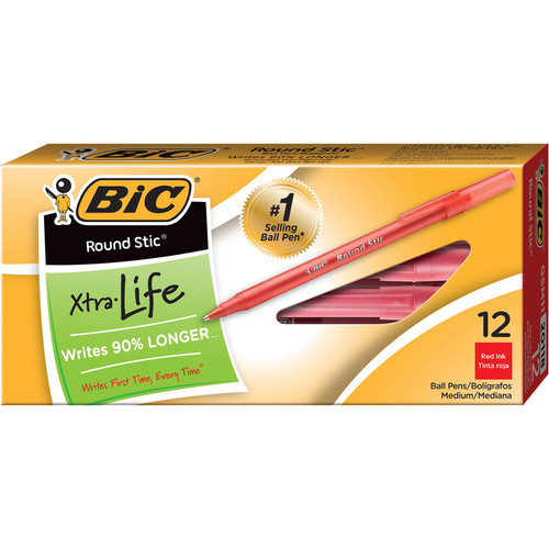BIC Round Stic Ballpoint Pens - Medium Pen Point - Red - Red Barrel - 1 Dozen (BICGSM11RD)