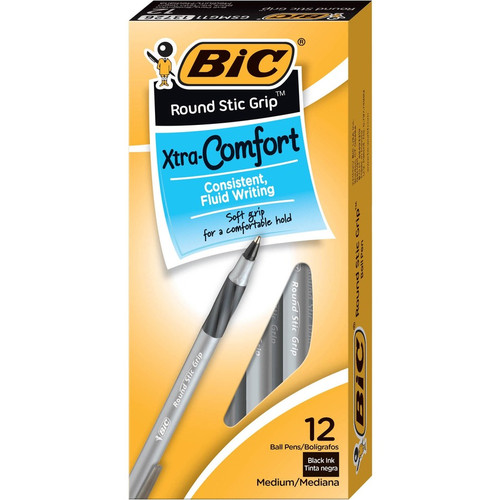 BIC Round Stic Grip Ballpoint Pen - Medium Pen Point - Black - Frost Barrel - 1 Dozen (BICGSMG11BK)