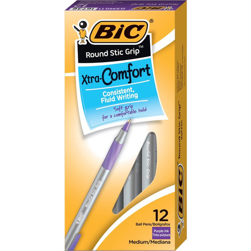 BIC Round Stic Grip Ballpoint Pen - Medium Pen Point - Purple - Frost Barrel - 1 Dozen (BICGSMG11PE)