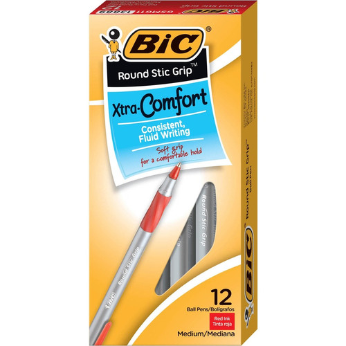 BIC Round Stic Grip Ballpoint Pen - Medium Pen Point - Red - Frost Barrel - 1 Dozen (BICGSMG11RD)
