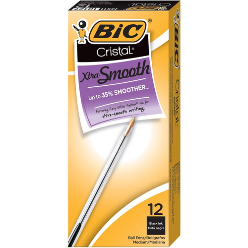 BIC Classic Cristal Ballpoint Pens - Medium Pen Point - Black - Clear Barrel - Metal Tip - 1 Dozen (BICMS11BK)