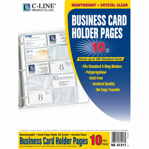 C-Line Business Card Holder Pages for Ring Binders, Poly - Holds 20 Cards/Page, 3-Hole Punched, x (CLI61217)