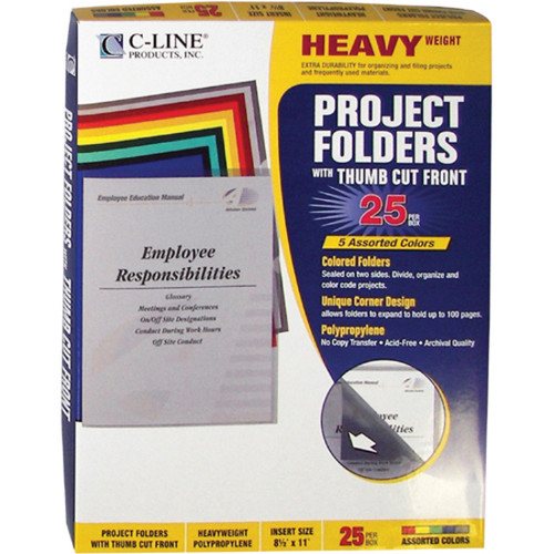 C-Line Poly Project Folders - Assorted Colors, Reduced Glare, 11 x 8-1/2, 25/BX, 62130 (CLI62130)