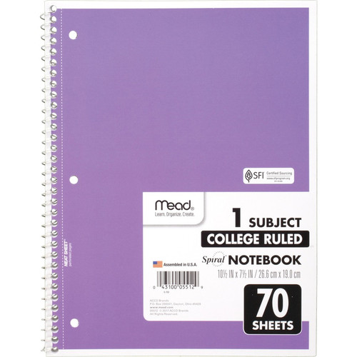 Mead One-subject Spiral Notebook - 70 Sheets - Spiral - College Ruled - 8" x 10 1/2" - White Paper (MEA05512)
